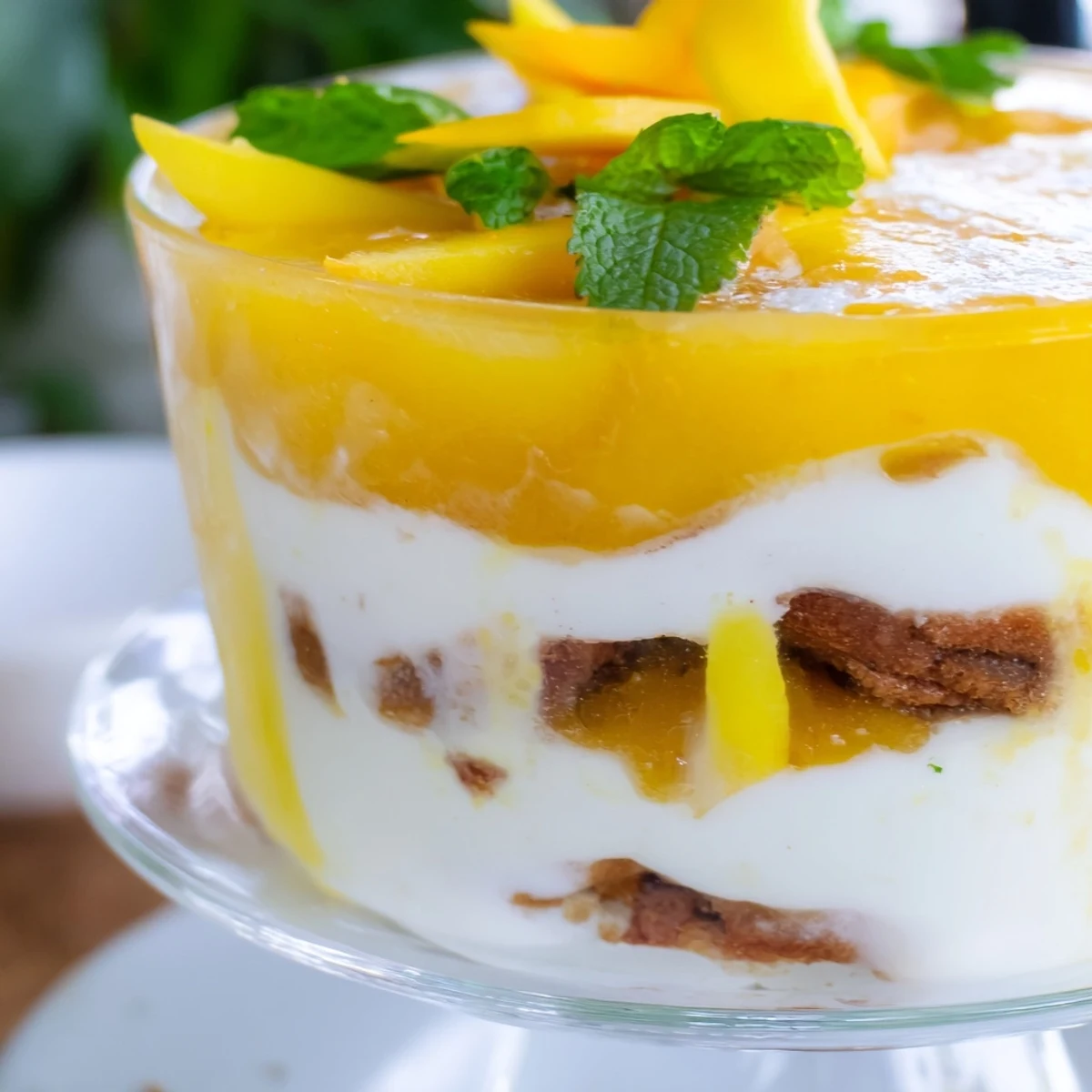Golden mango tiramisu layered with creamy mascarpone and fresh mango slices on top