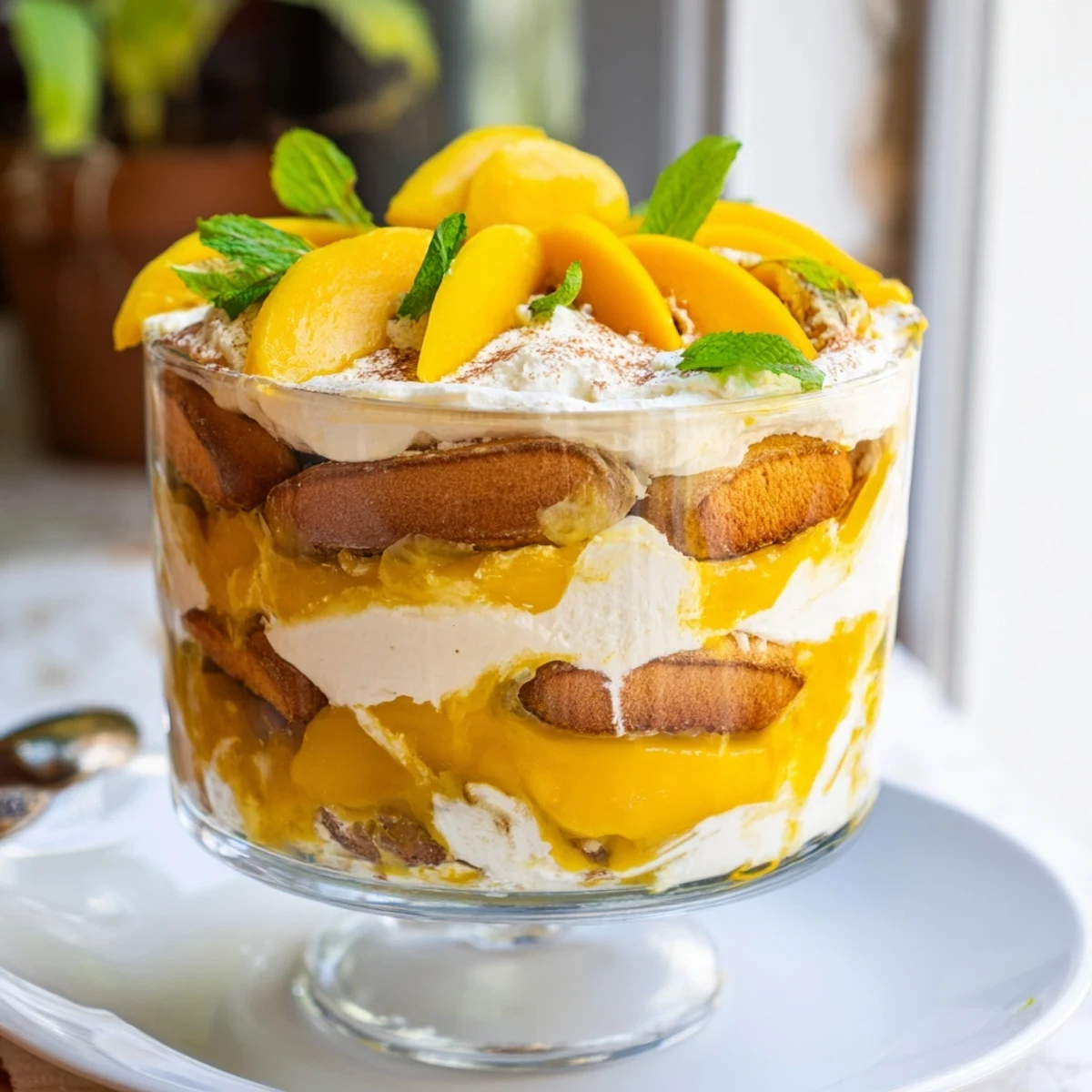 Glass serving dish of mango tiramisu garnished with mint leaves and ripe mango rounds