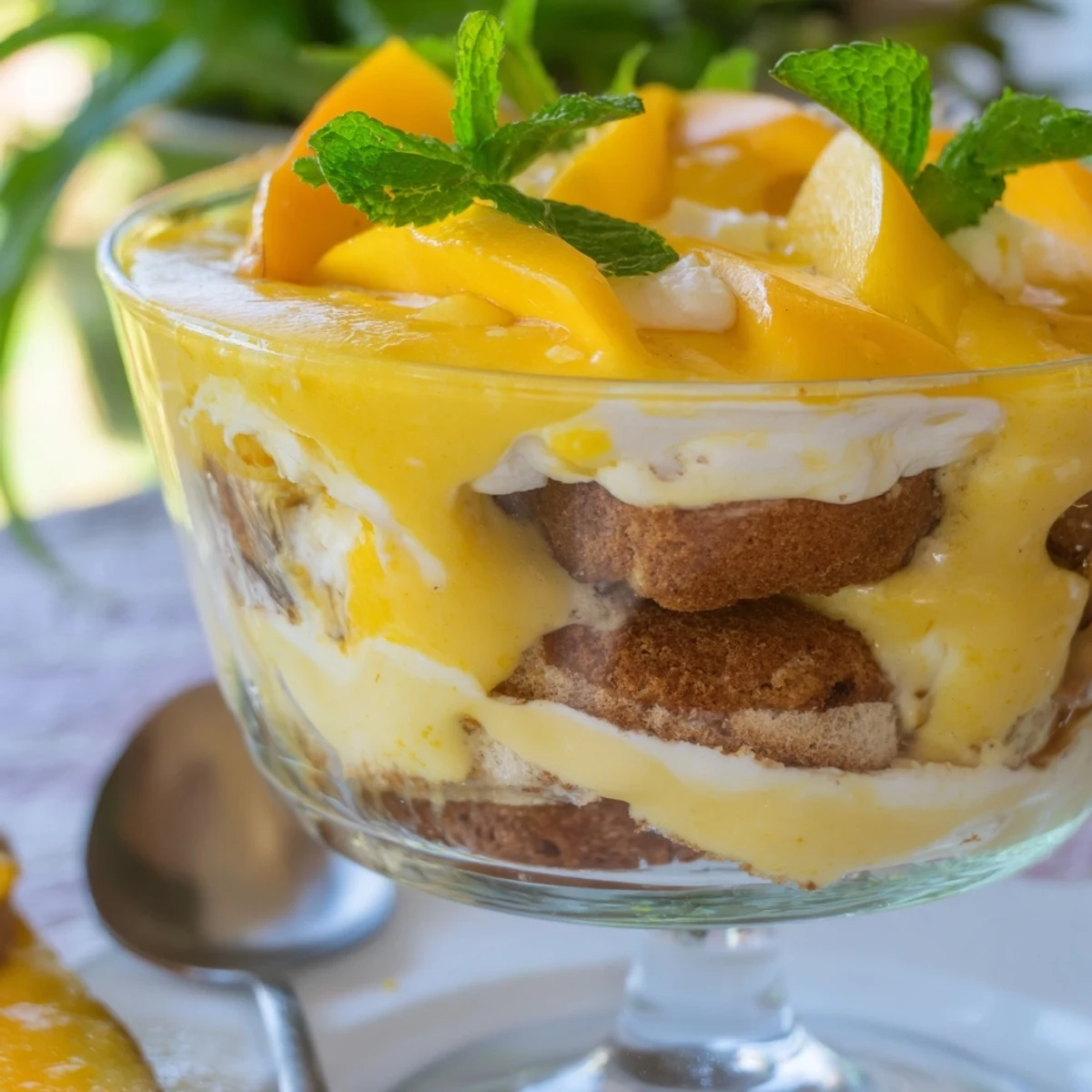 Tropical mango tiramisu dessert showing coffee-soaked ladyfingers beneath fluffy mascarpone cream layers