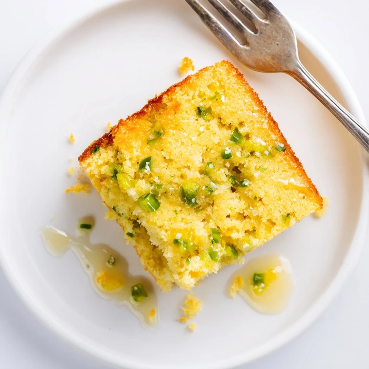 Golden spicy jalapeño cornbread drizzled with tangy lime honey glaze on a rustic wooden board