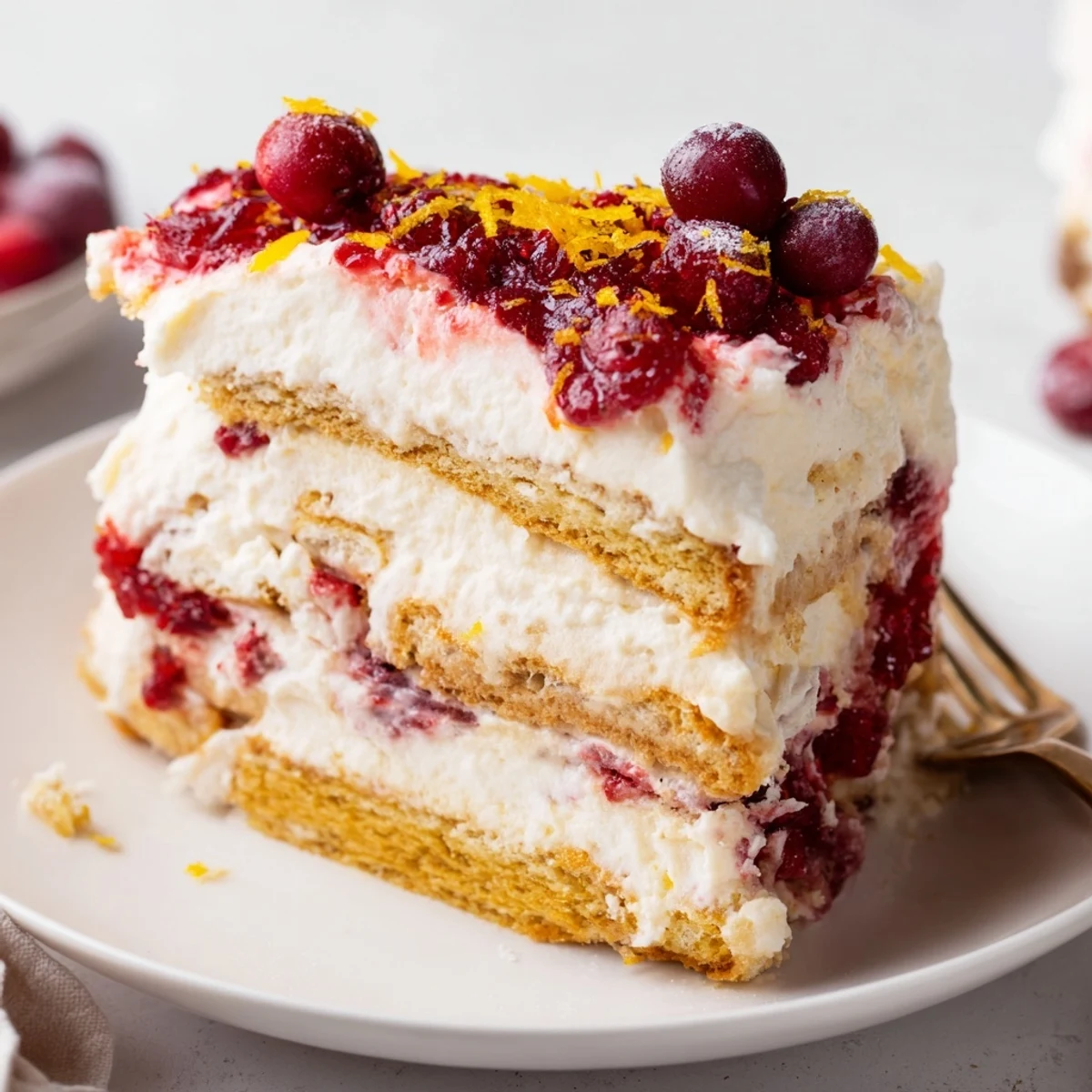 Festive cranberry and orange tiramisu layered with creamy mascarpone and tart red compote in a glass serving dish
