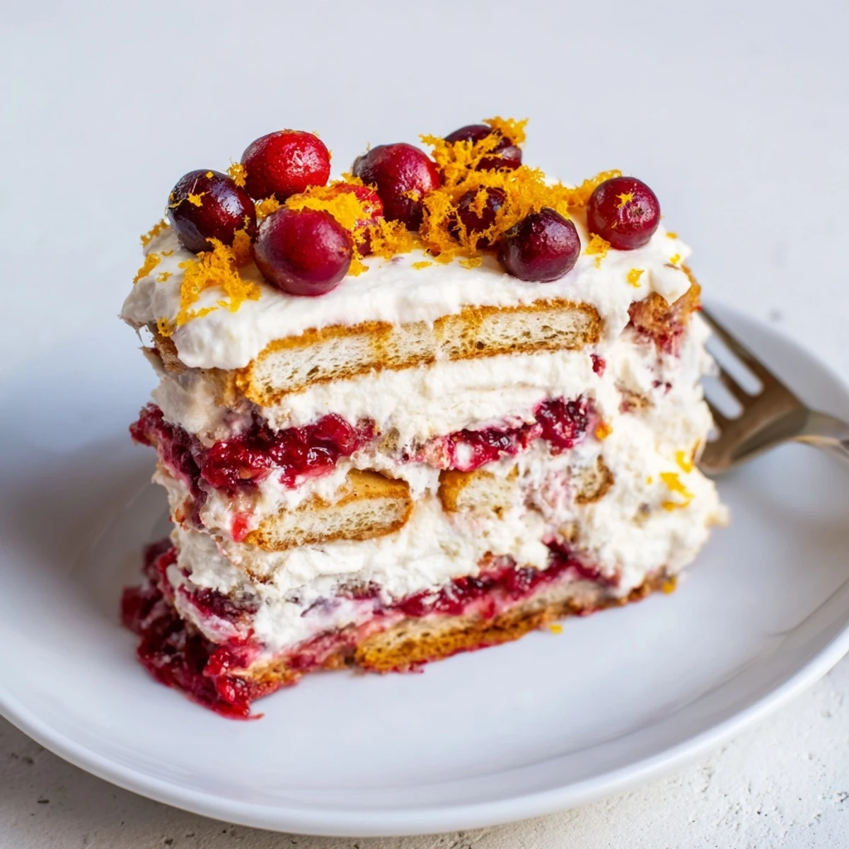Creamy cranberry orange tiramisu dessert featuring vibrant berry layers and dusting of powdered sugar on top