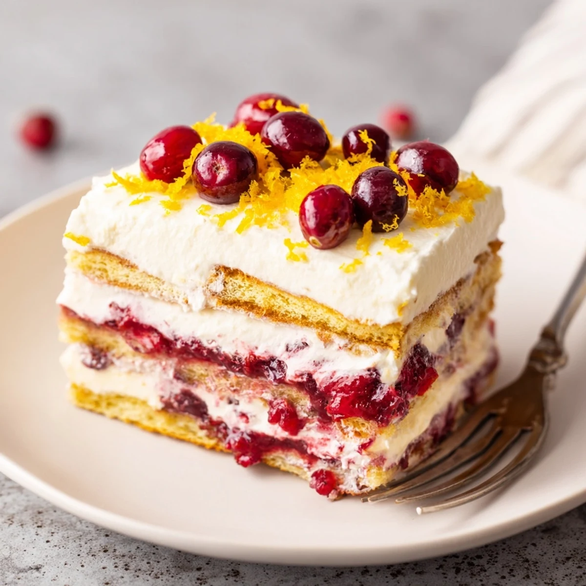 Holiday tiramisu with cranberries and orange zest garnish, showing cross-section of mascarpone cream and ruby compote