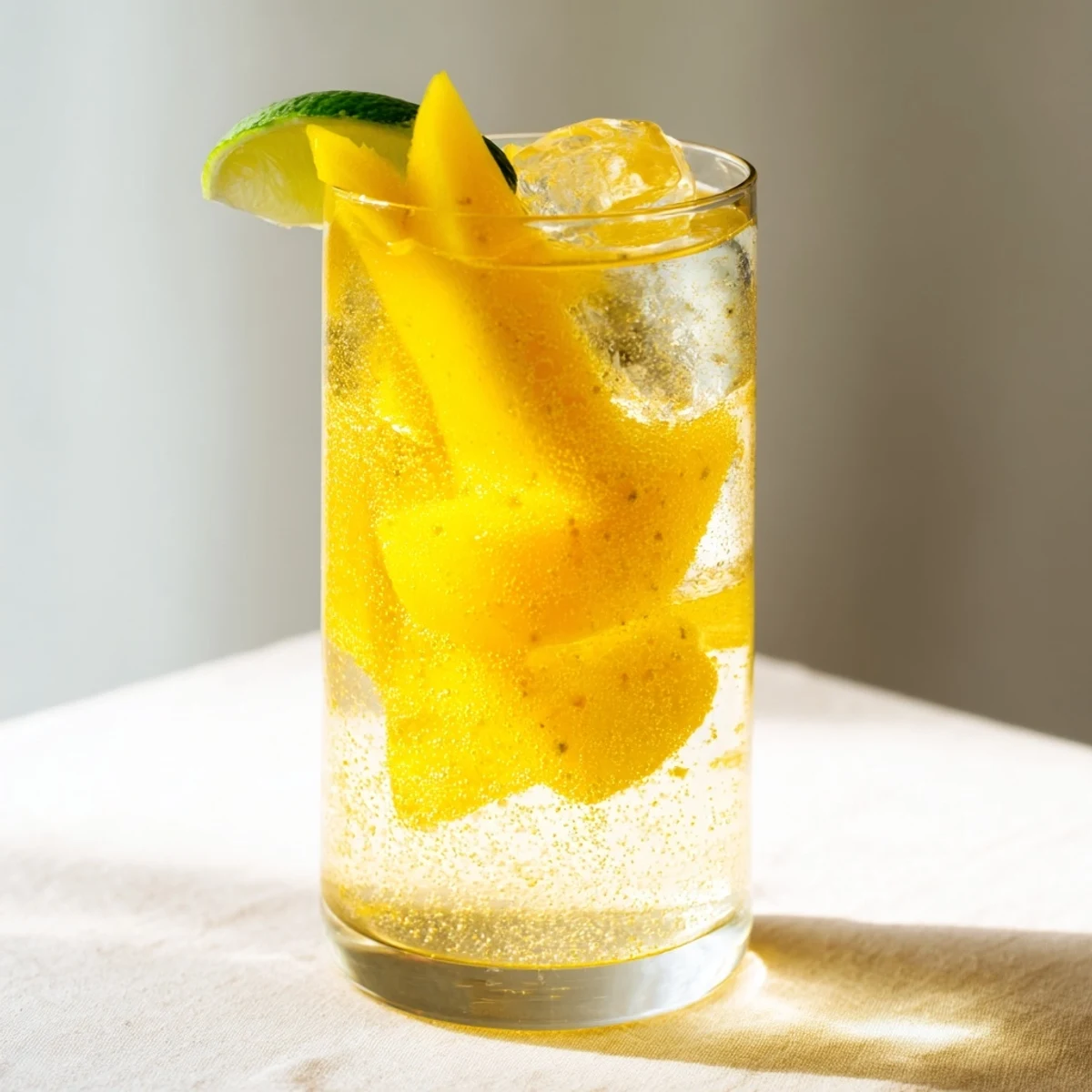 Golden mango ginger mocktail garnished with fresh lime wedges and ice in clear glass