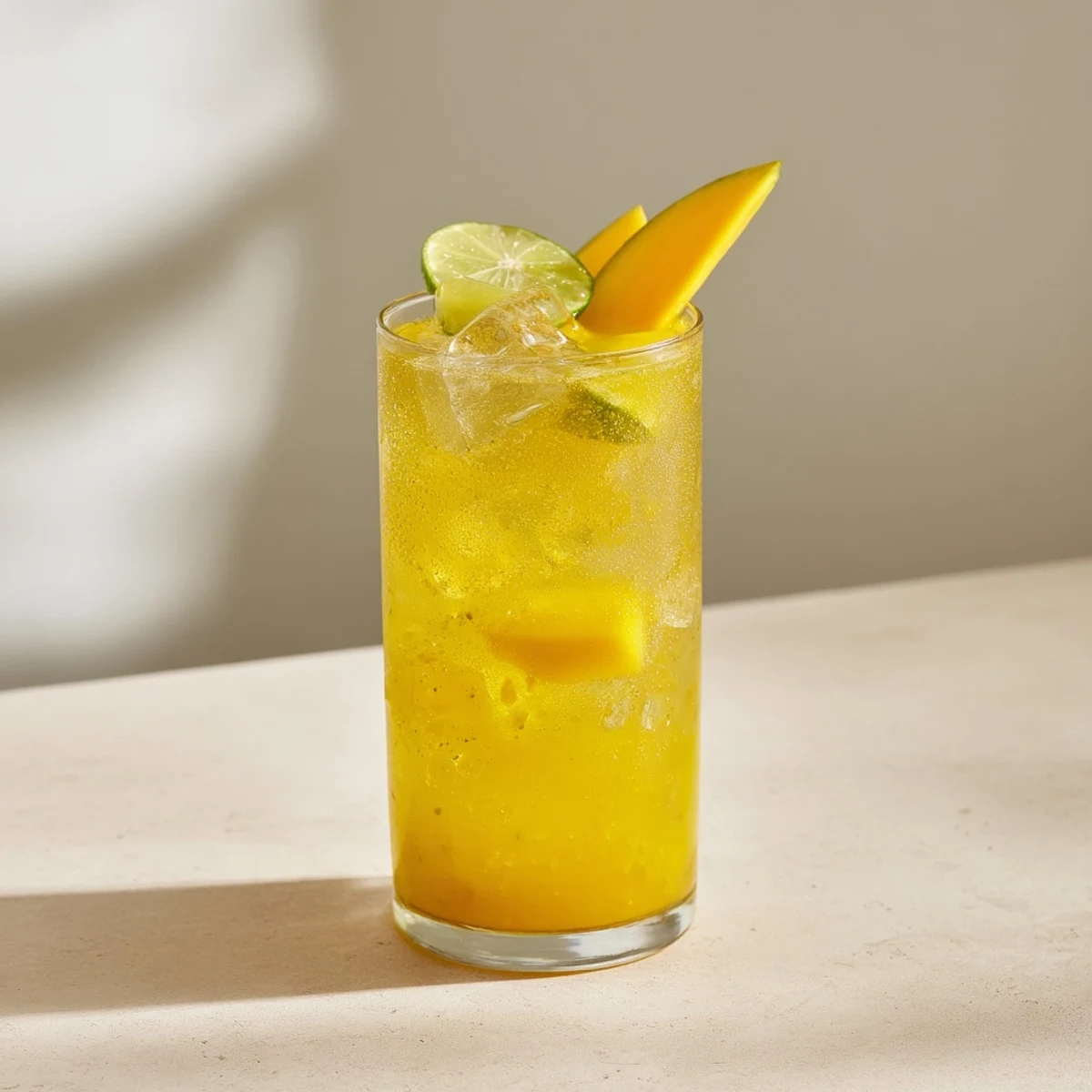 Refreshing mango ginger mocktail poured over ice with floating mango slices and lime