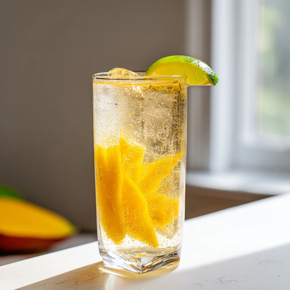 Vibrant summer mango ginger mocktail topped with sparkling water and mint sprig garnish