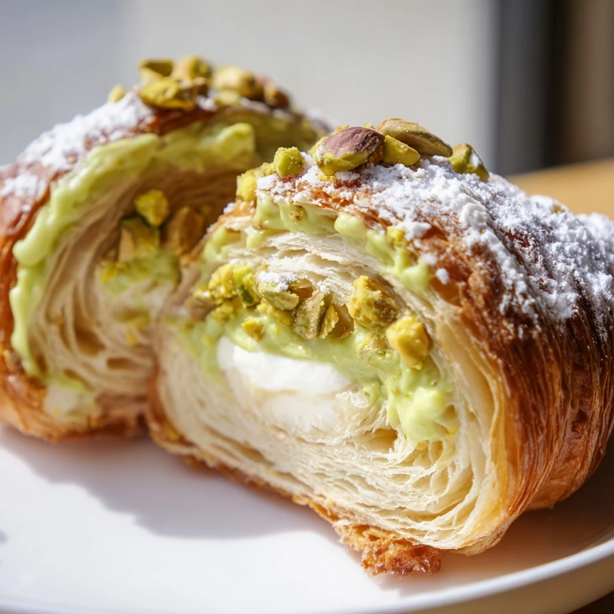 Golden pistachio croissants with luscious green cream filling and chopped nut garnish