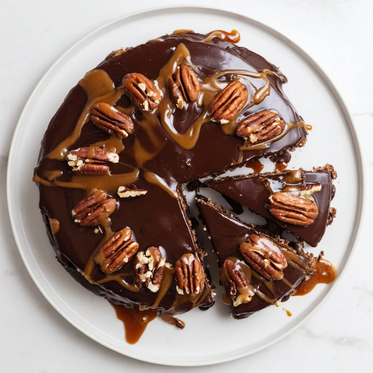 Slice of decadent chocolate turtle cake oozing with caramel, pecans, and glossy ganache frosting