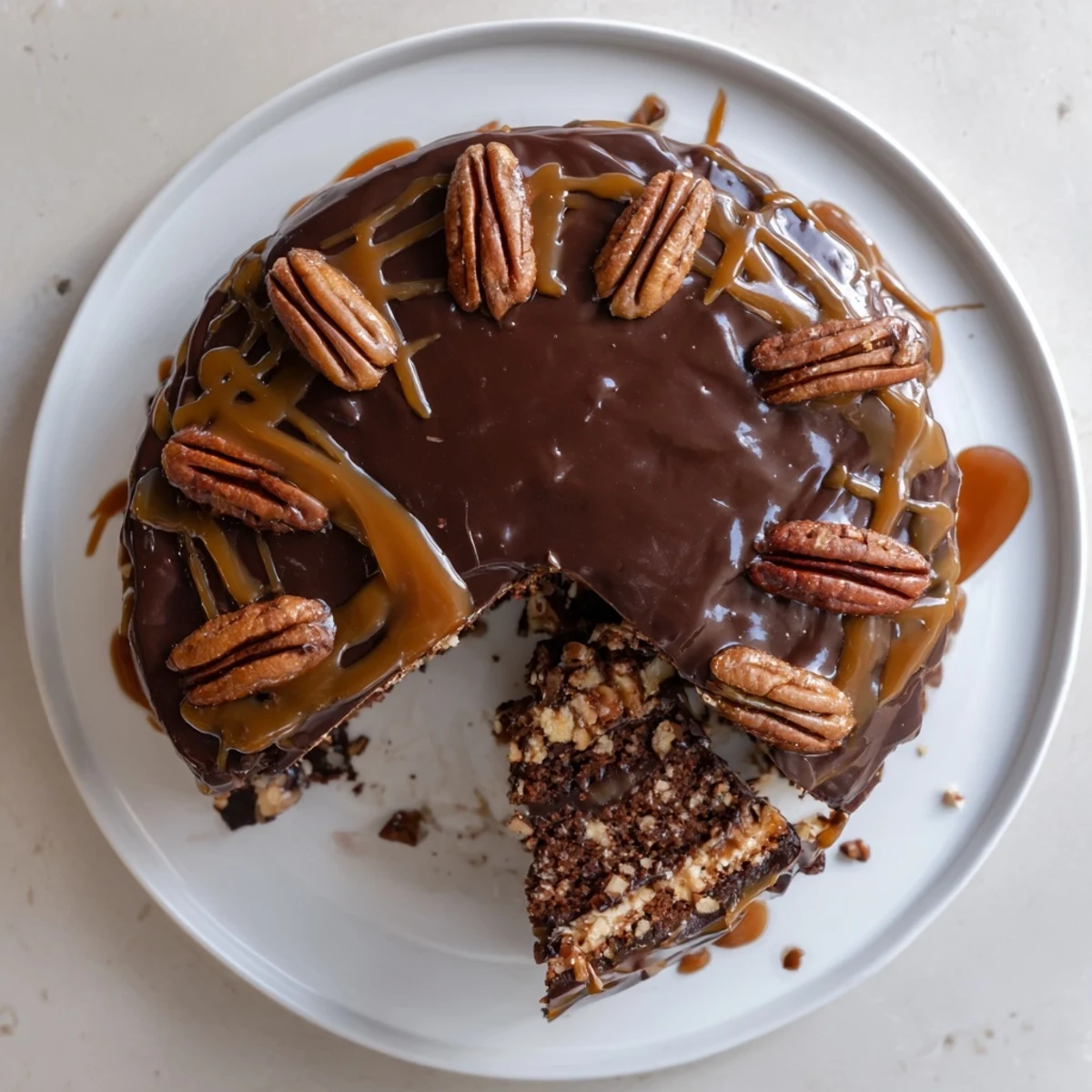 Three-layer chocolate turtle cake drizzled with warm caramel sauce and topped with toasted pecans
