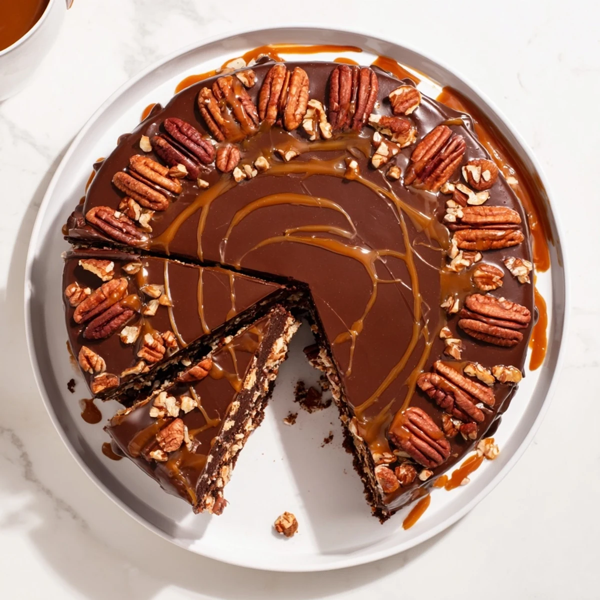Rich chocolate turtle cake showing cross-section of gooey caramel filling and crunchy pecan layers