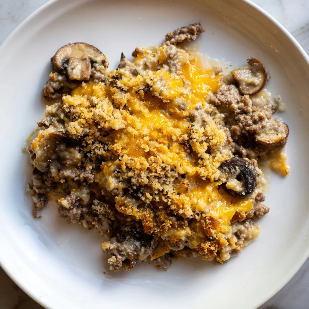 Golden brown hamburger mushroom bake with melted cheddar cheese and crispy buttered breadcrumb topping bubbling in a casserole dish