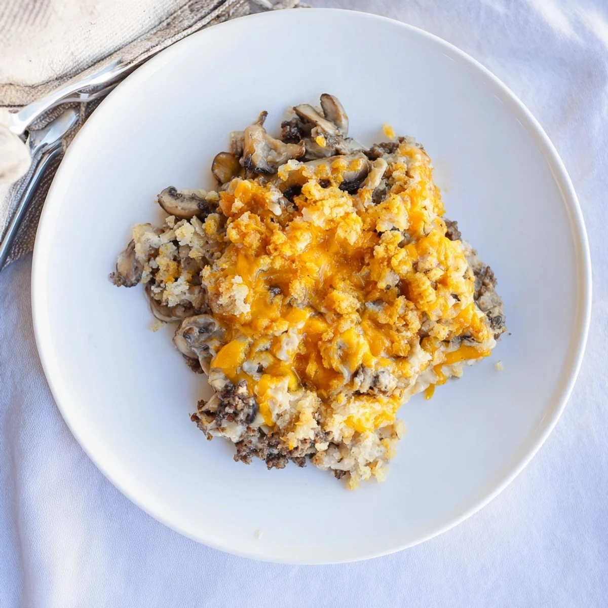 Creamy ground beef and fresh mushroom casserole topped with shredded cheese and toasted breadcrumbs fresh from the oven