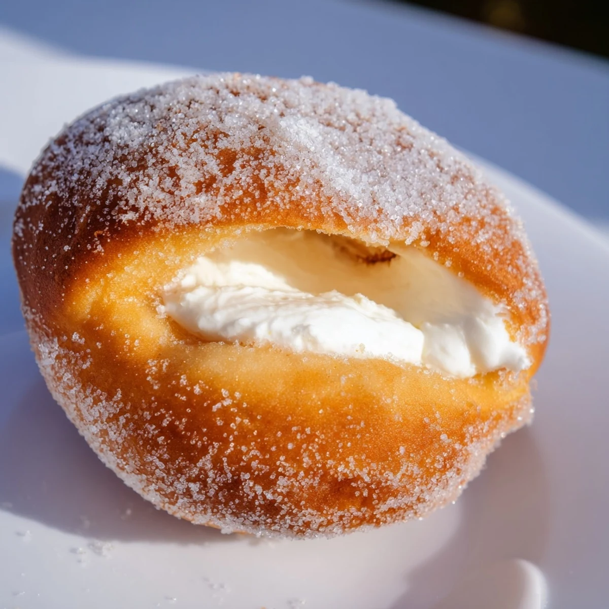 Soft Italian bomboloni cream donuts split open revealing rich custard filling on a white plate