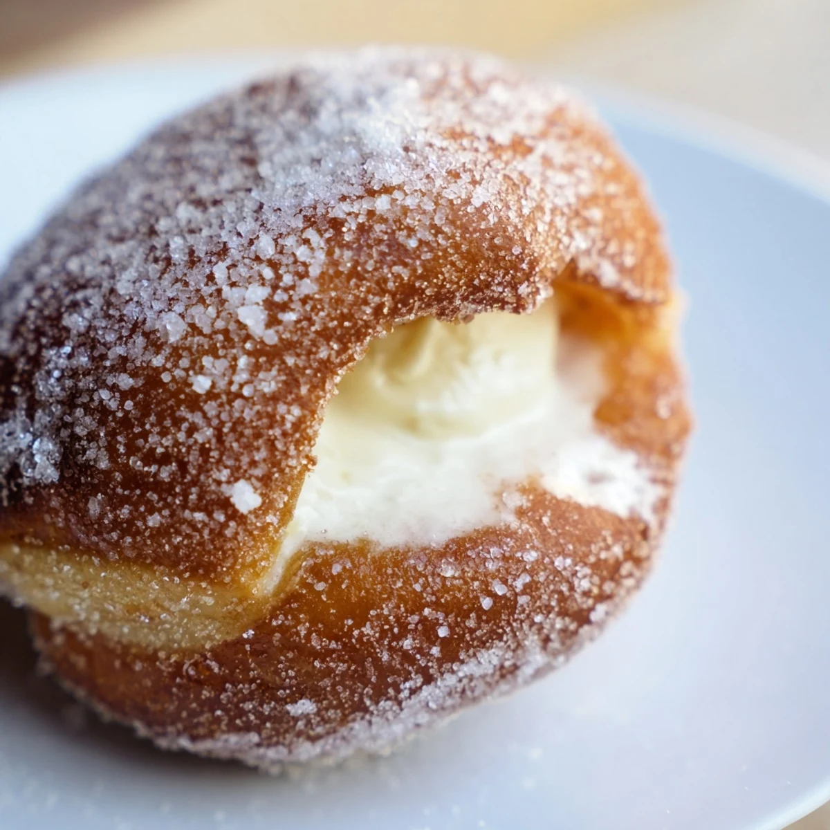 Golden brown bomboloni cream donuts dusted with sugar and filled with smooth vanilla pastry cream