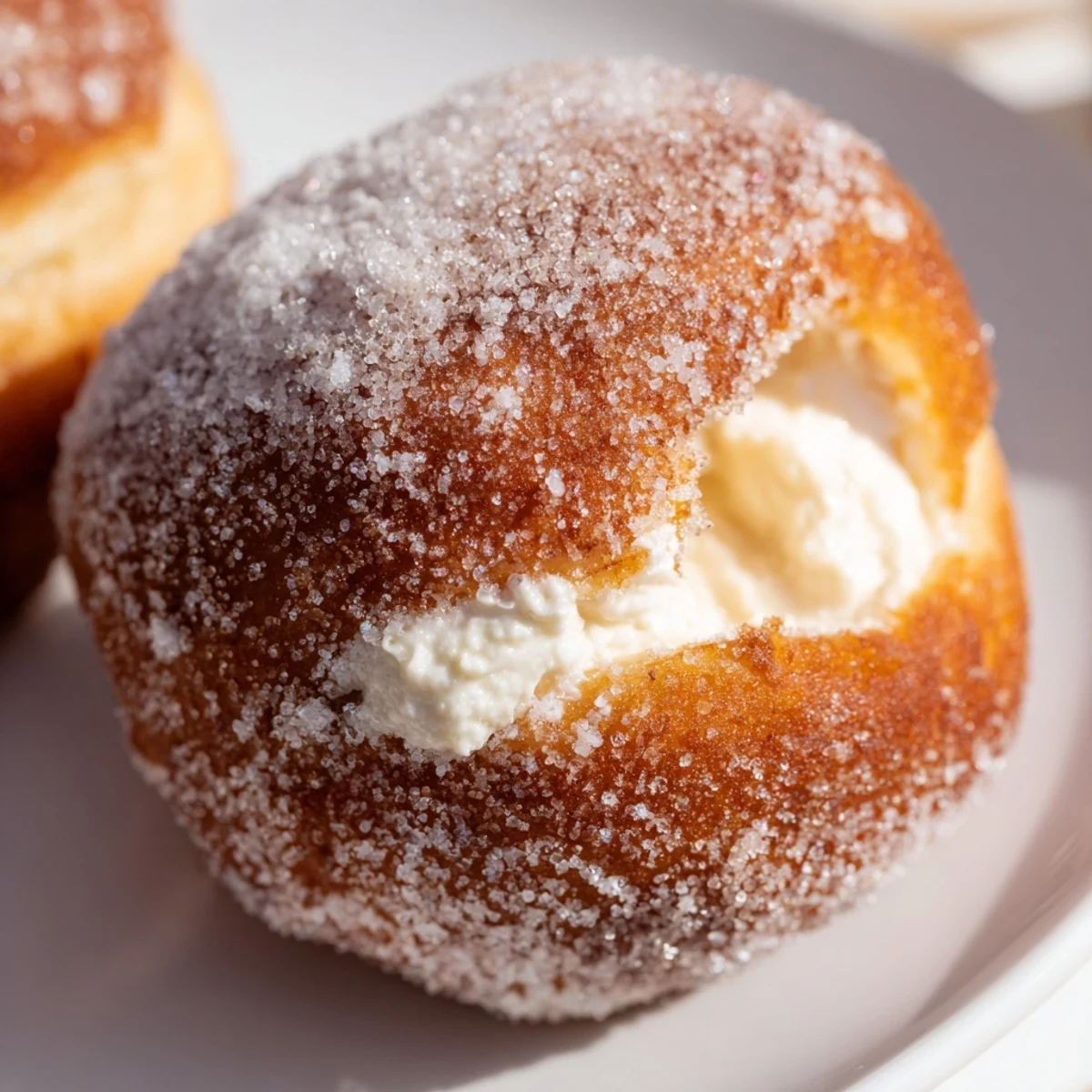 Pile of freshly fried bomboloni cream donuts coated in sparkling sugar with vanilla cream center