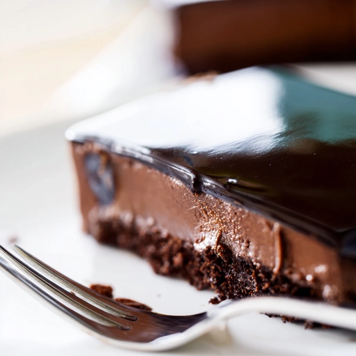 Rich dark chocolate mousse cake with glossy glaze drizzling down the sides on a white serving plate
