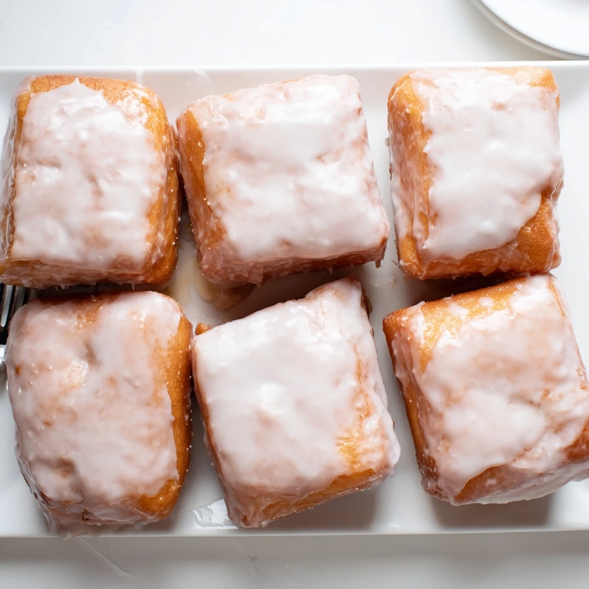 Warm square beignets fresh from the fryer, coated in a creamy white vanilla glaze and dusted with powdered sugar
