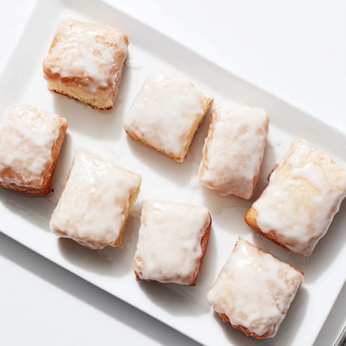 Stack of fluffy buttermilk beignet squares with tender interiors, topped with a smooth sweet vanilla glaze for breakfast dessert