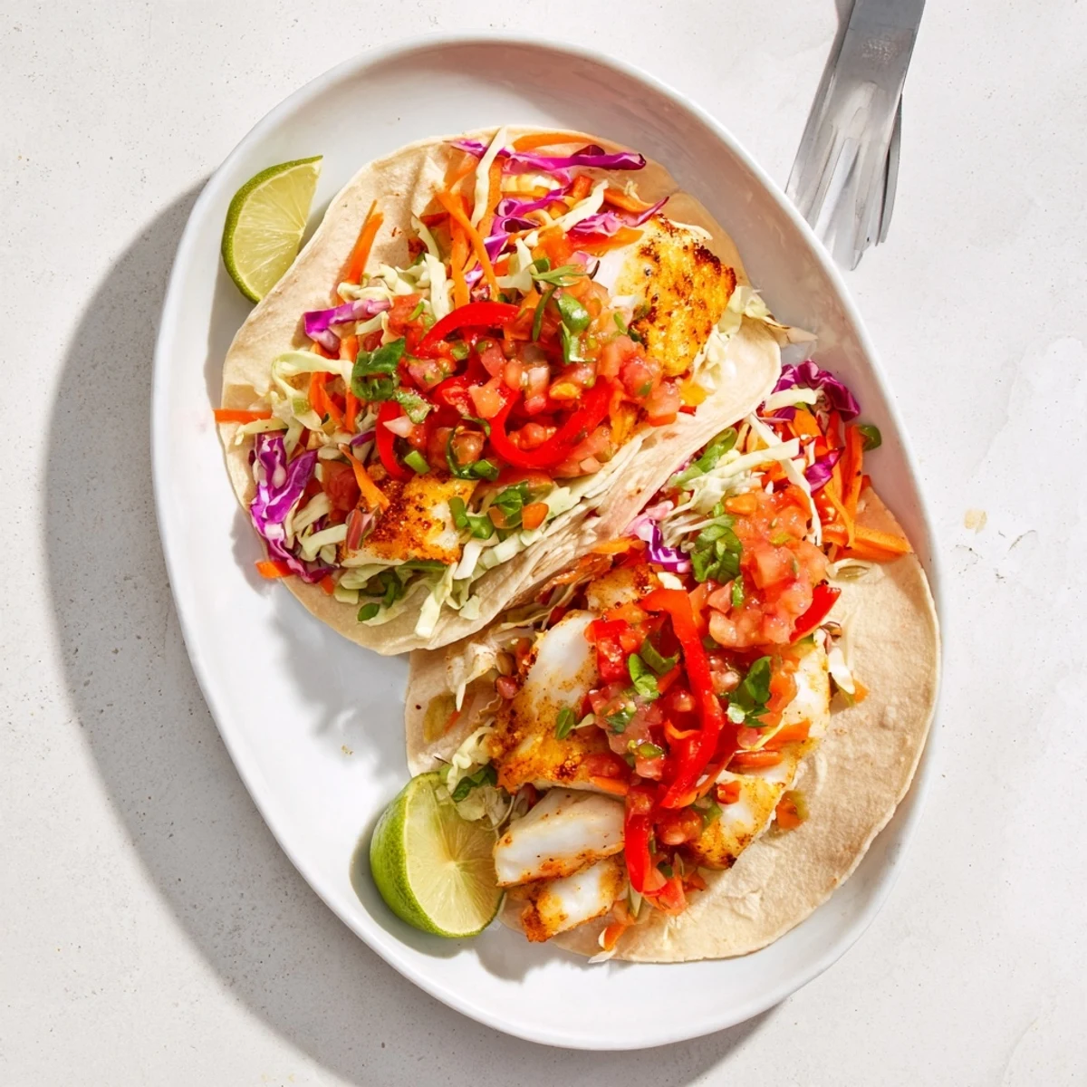 Golden barramundi fillets flake apart inside soft tortillas topped with colorful rainbow slaw and zesty fresh salsa