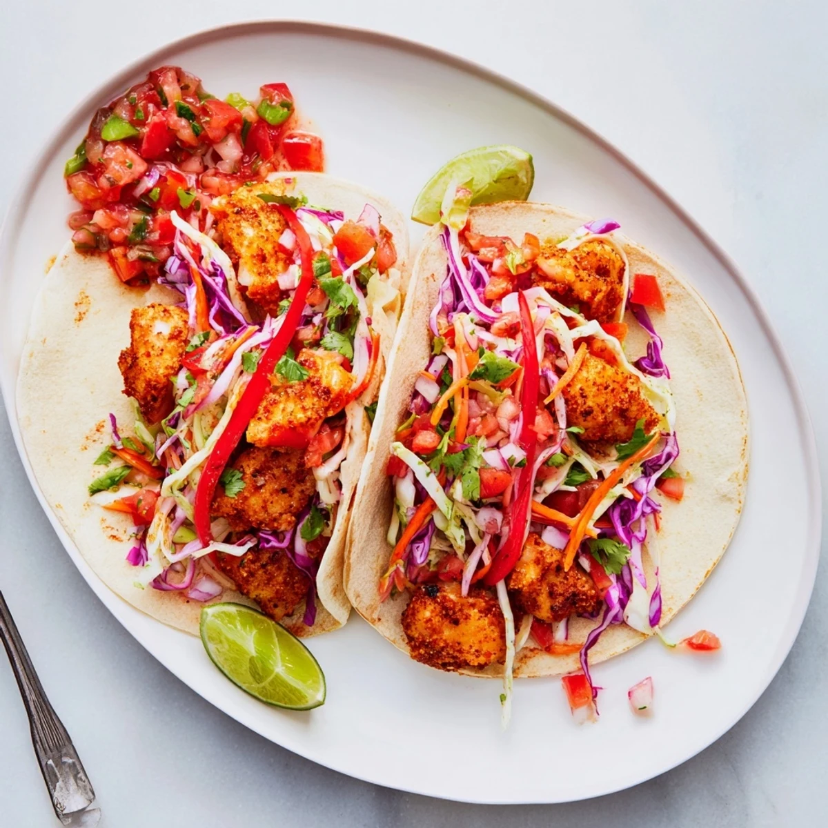 Fresh pescatarian dinner featuring cumin seasoned barramundi with creamy coleslaw and tangy salsa served in corn tortillas