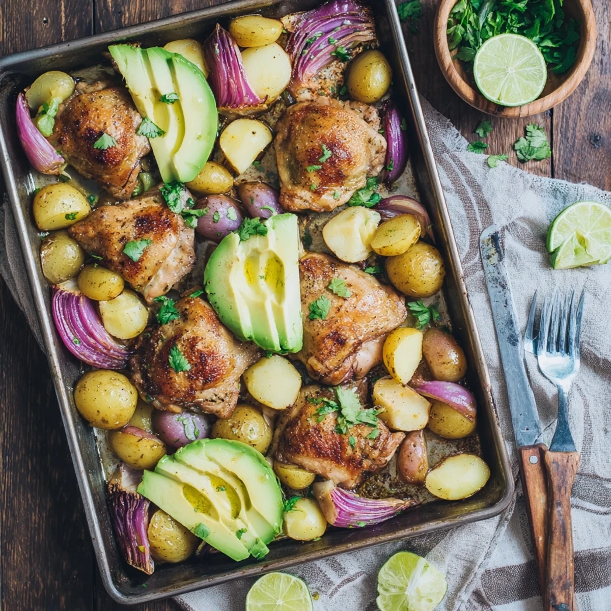 Golden roasted chicken thighs nestled with crispy baby potatoes and fresh avocado slices on a baking sheet