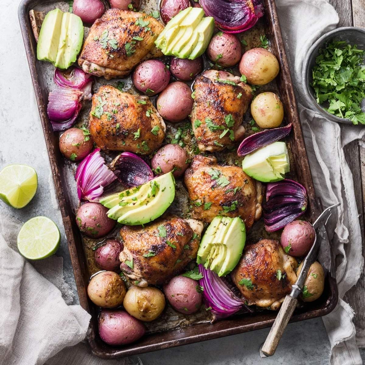One-pan chicken avocado and crunchy potato tray bake garnished with cilantro and lime wedges