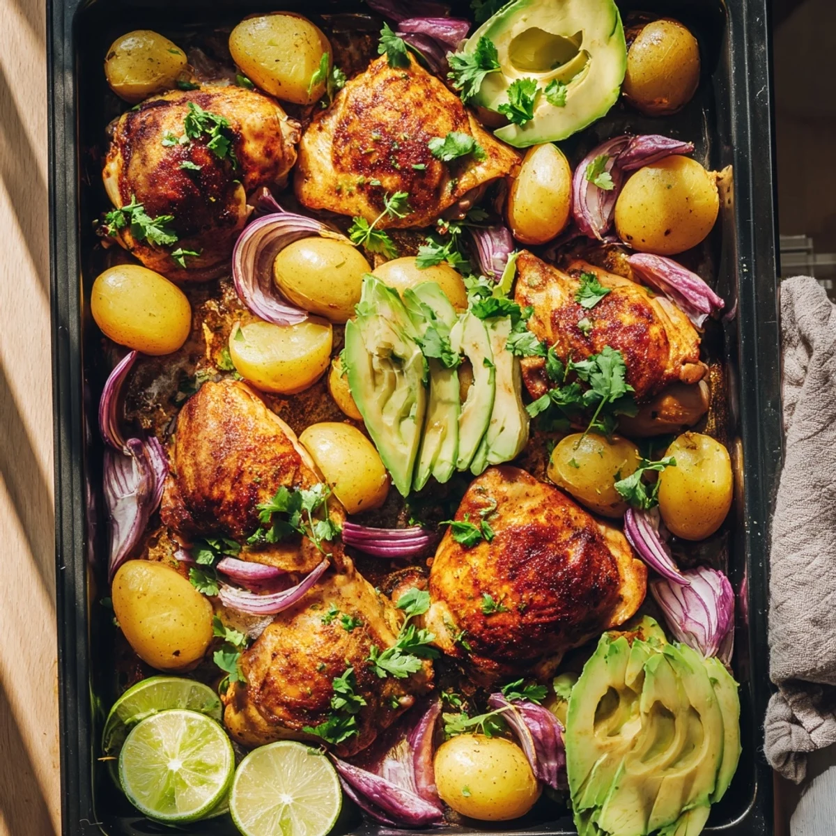 Succulent roasted chicken alongside golden crispy potatoes and creamy avocado in this easy gluten-free tray bake
