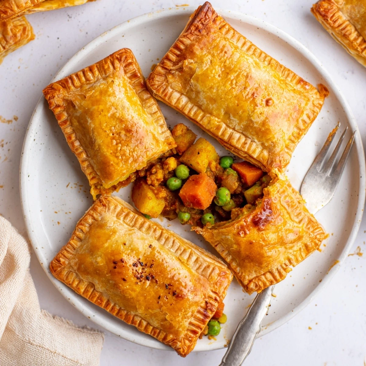 Golden flaky vegetarian hand pies filled with creamy tikka masala spiced vegetables on a white plate