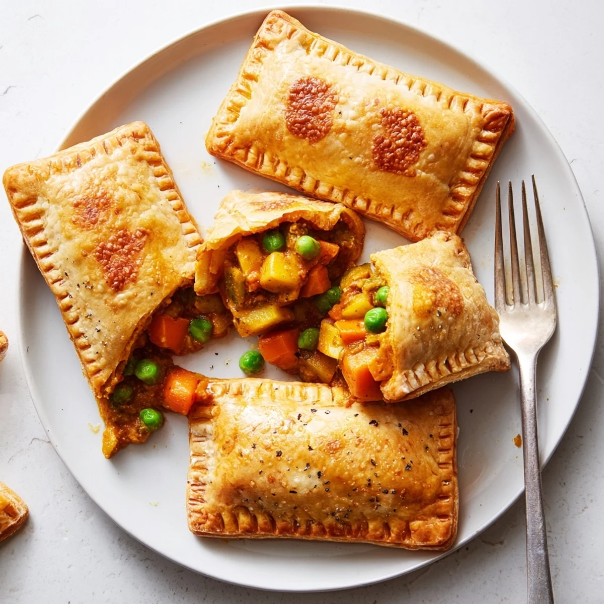 Tikka masala vegetarian pies with golden pastry crust oozing savory spiced vegetable filling