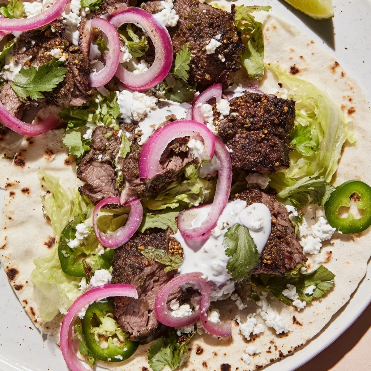 Spice rubbed roasted leg of lamb arranged beside fresh taco fixings including yogurt lime sauce, zesty lime wedges, and colorful shredded cabbage
