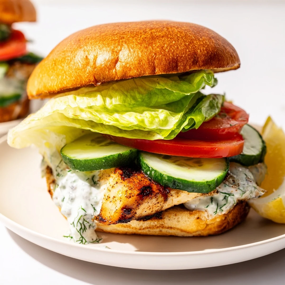 Golden grilled barramundi fillet stacked on brioche bun with smoky cos lettuce and zesty lemon jalapeño tartare sauce