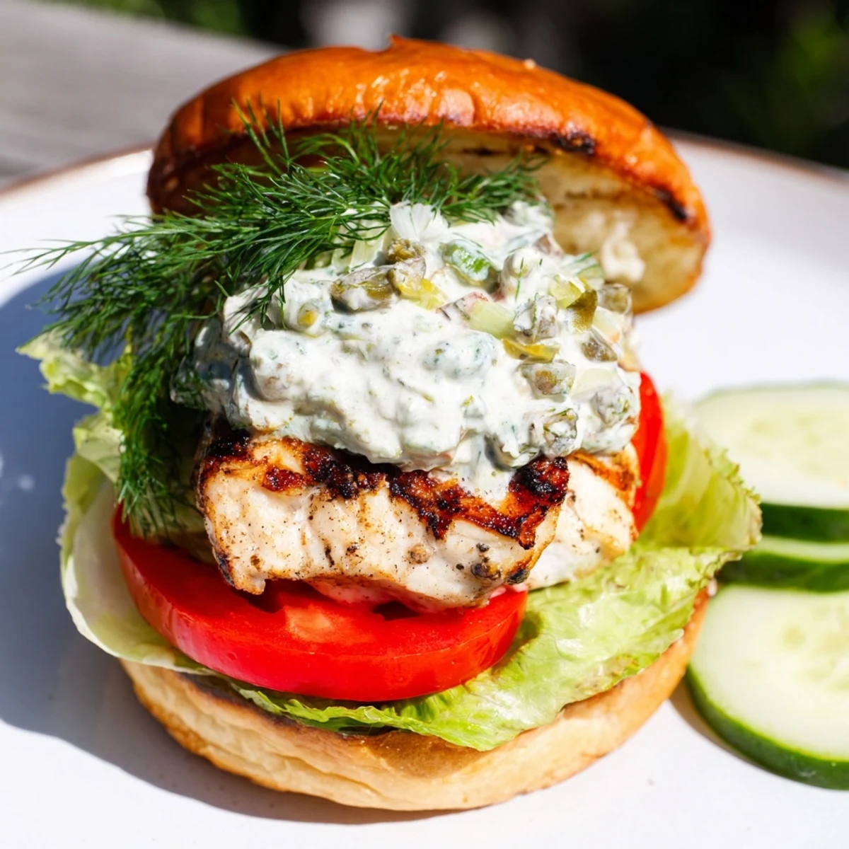 Vibrant fish burger featuring marinated barramundi, grilled lettuce leaves, and homemade lemon jalapeño mayo on warm brioche