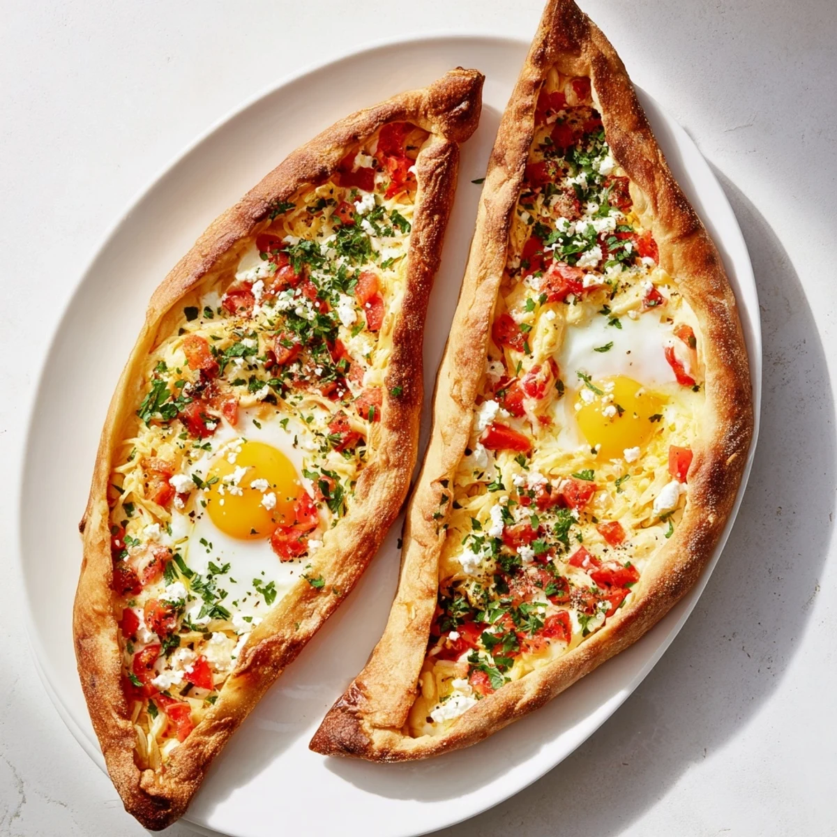 Golden Turkish Pide with Egg, Tomato, and Cheese featuring a perfectly baked egg nestled in a cheesy, tomato-filled flatbread boat
