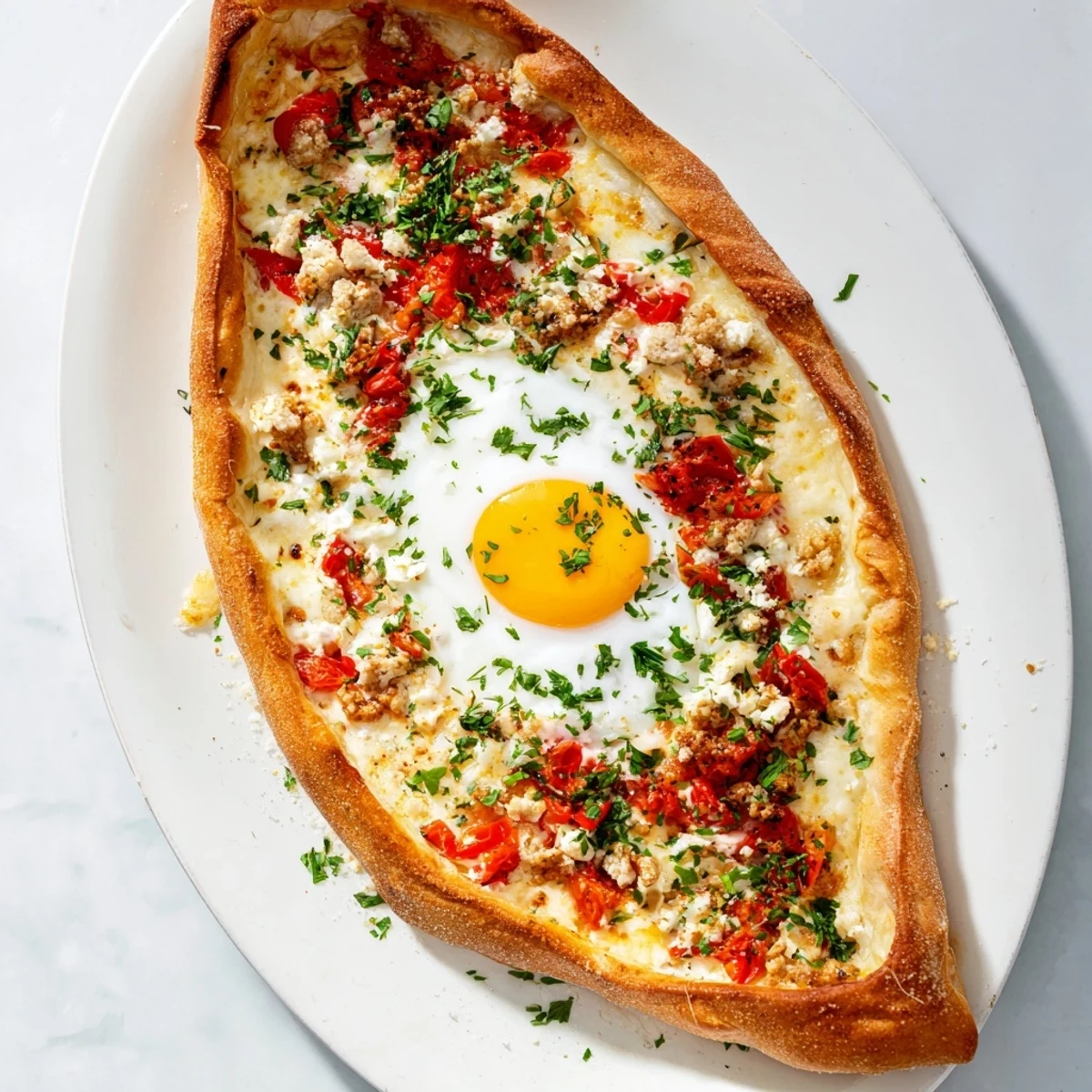 Traditional Turkish Pide with Egg, Tomato, and Cheese baked to golden perfection with melted feta, mozzarella, and fresh diced tomatoes