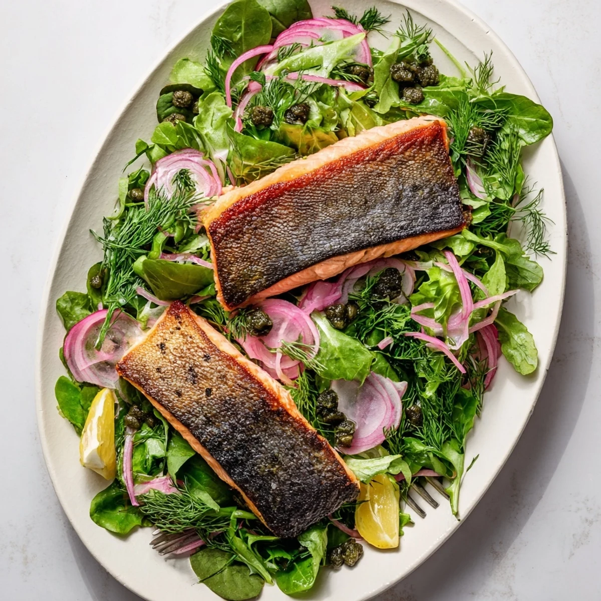 Crispy skin Tasmanian Atlantic salmon resting on fresh greens with bright lemony dressing