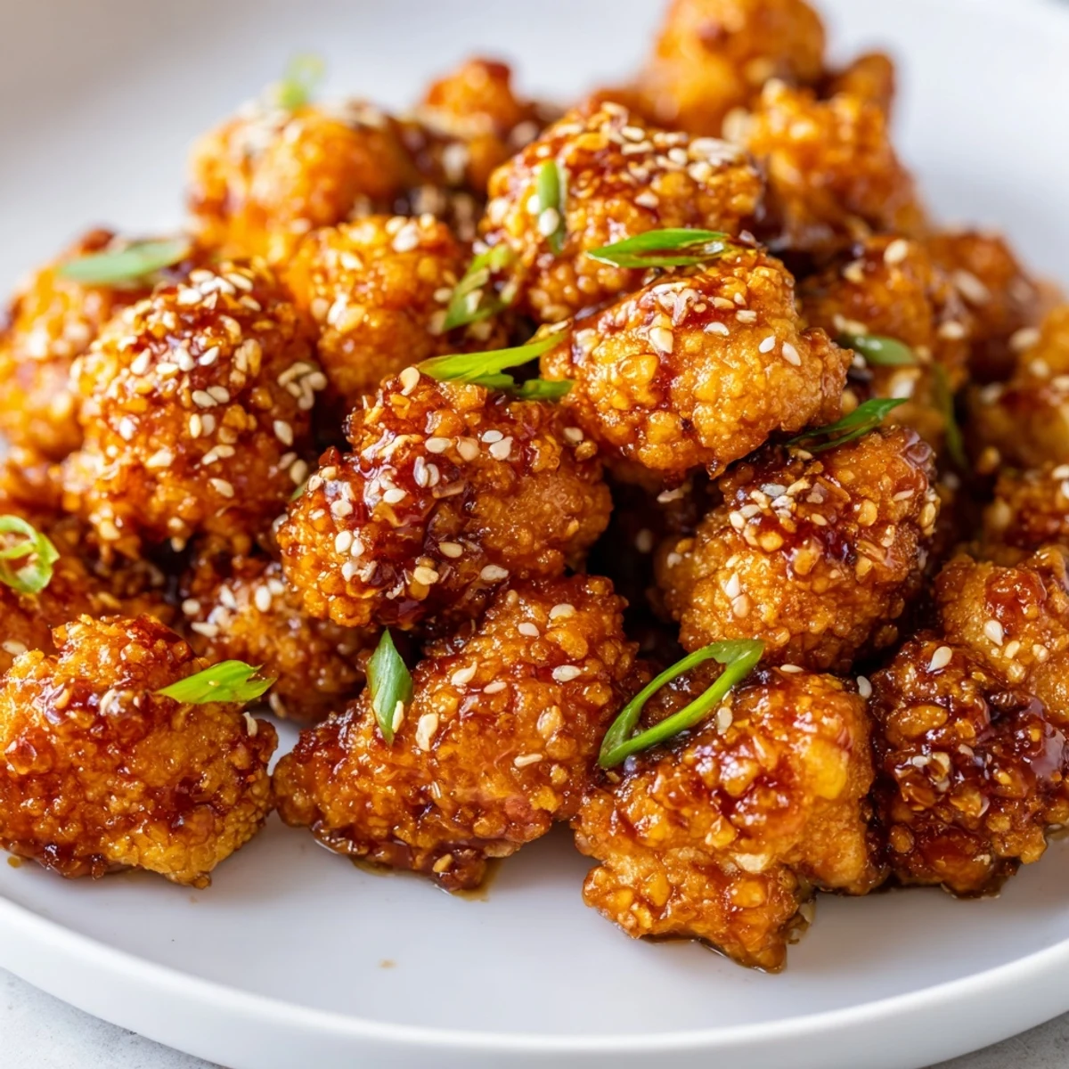 Golden brown crispy cauliflower florets coated in shiny sticky honey garlic sauce