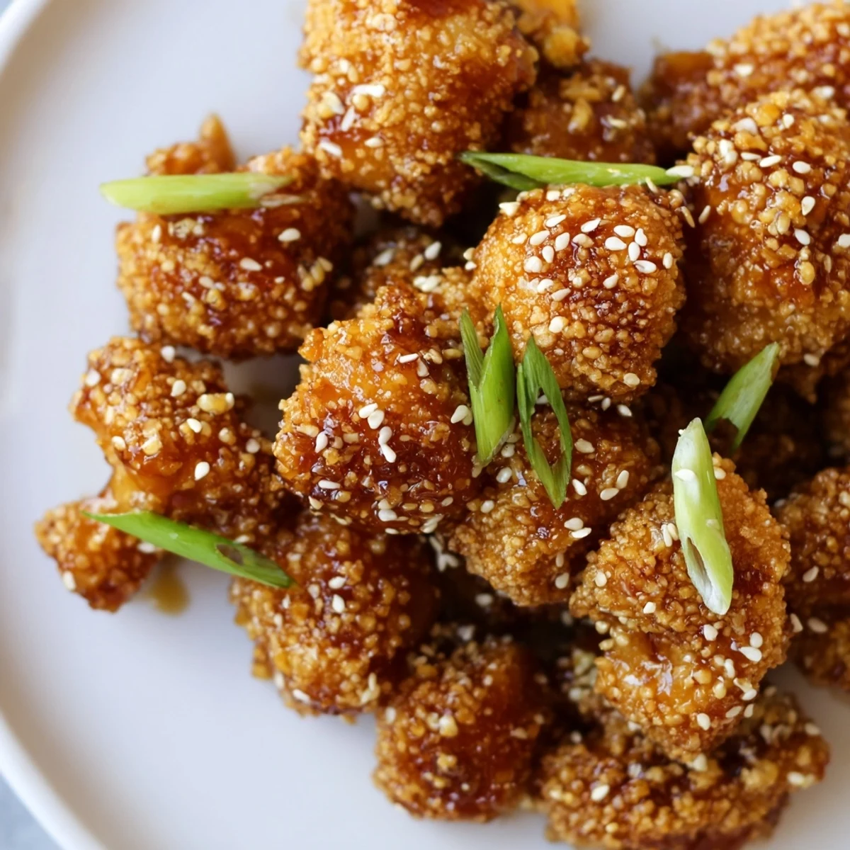 Oven-baked sticky honey garlic cauliflower sprinkled with sesame seeds and fresh green onions