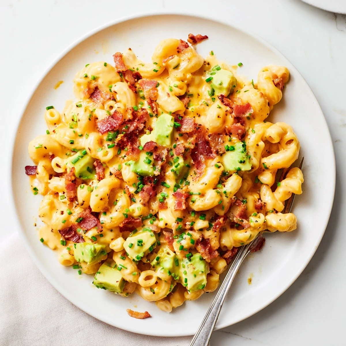 Close-up of avocado and bacon mac and cheese showcasing melted cheese sauce and vibrant green avocado chunks
