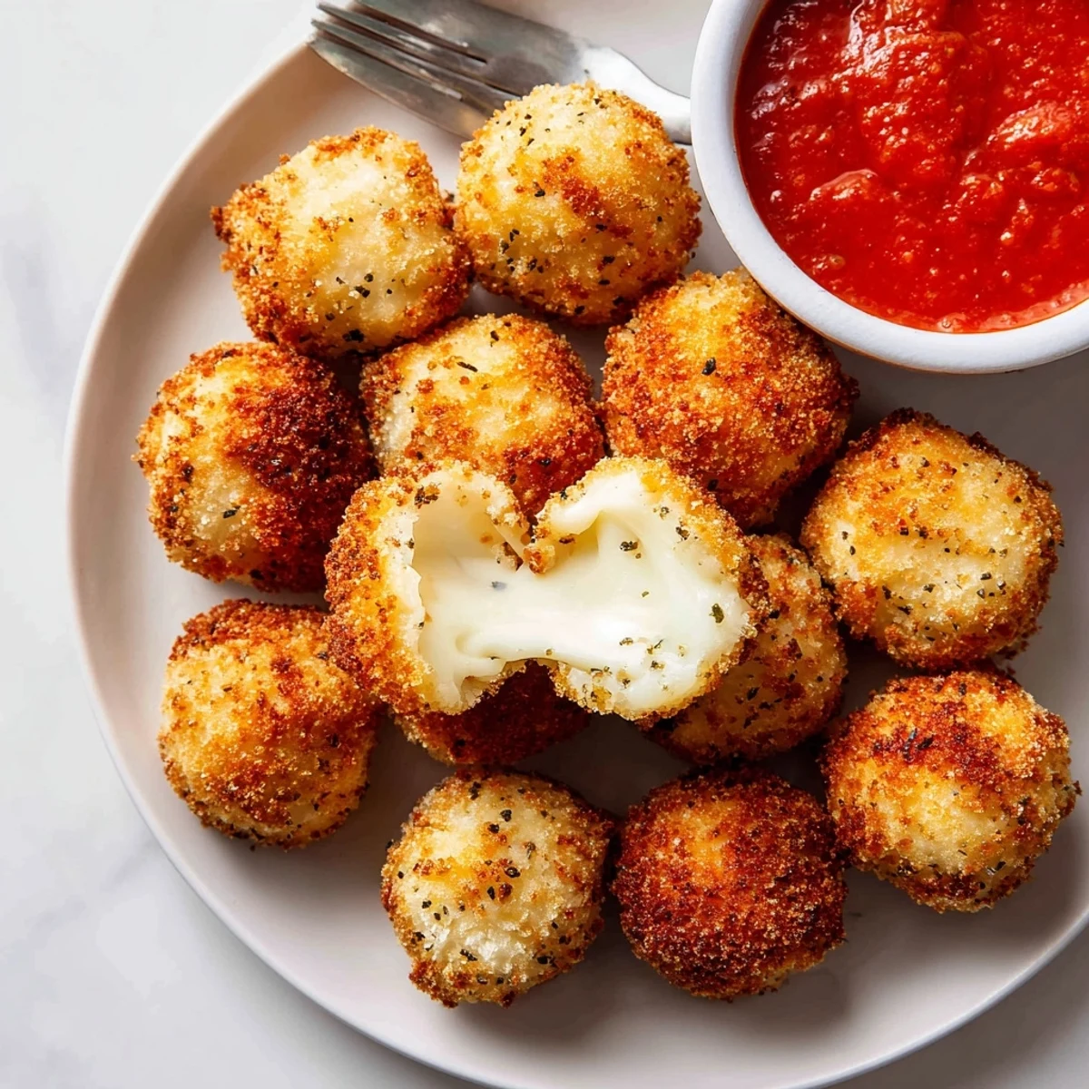 Plate of mozzarella cheese balls served with marinara sauce for dipping