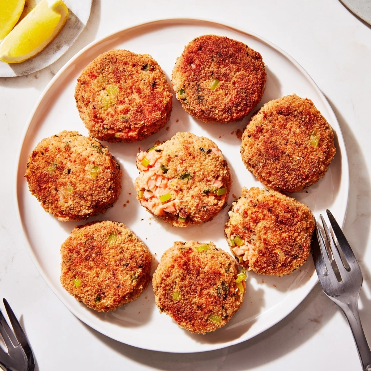 Plate of homemade Southern salmon croquettes served with lemon wedges and tartar sauce