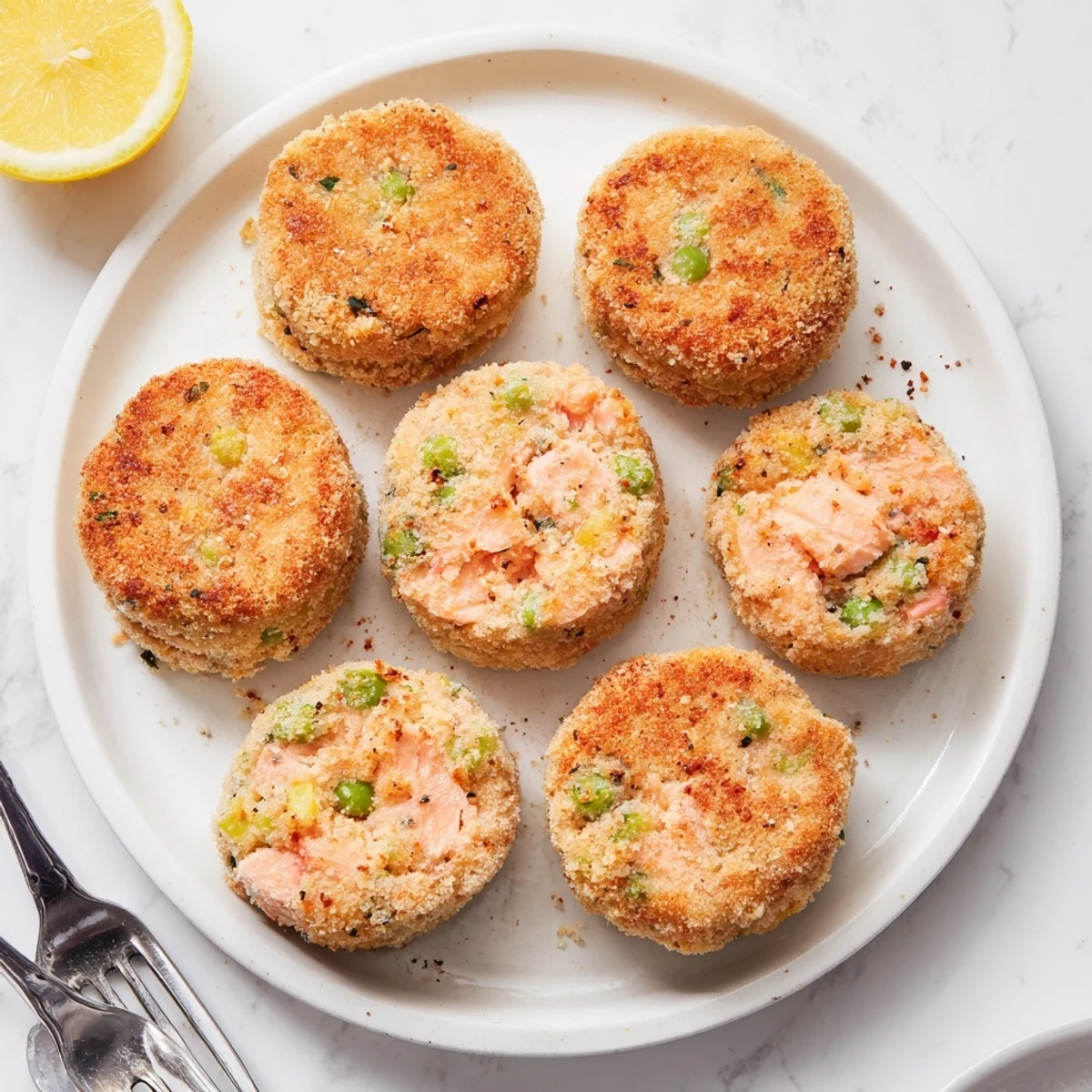 Crispy pan-fried Southern salmon croquettes arranged on white plate with fresh parsley garnish
