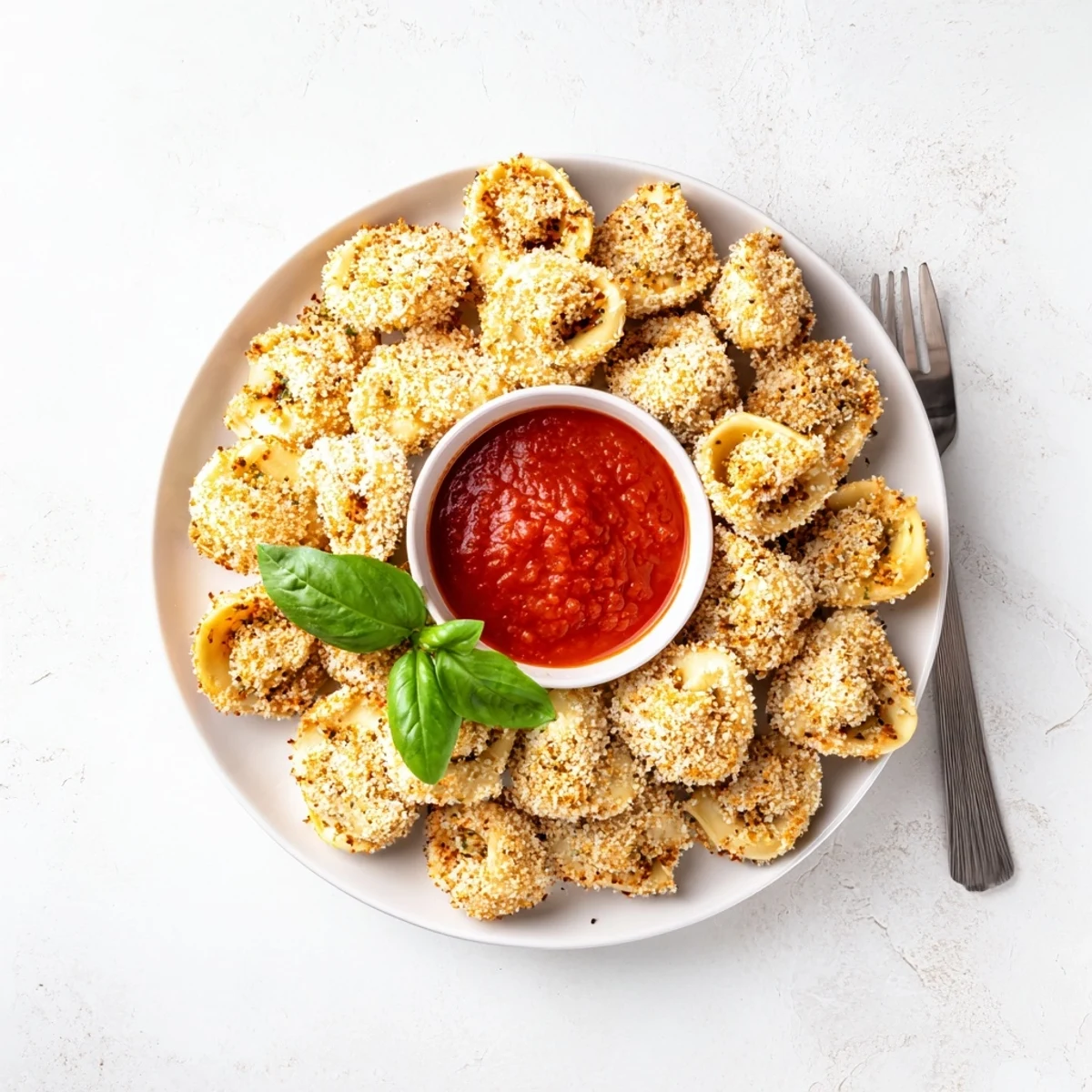 Golden air fryer tortellini arranged on a white serving plate with marinara dipping sauce