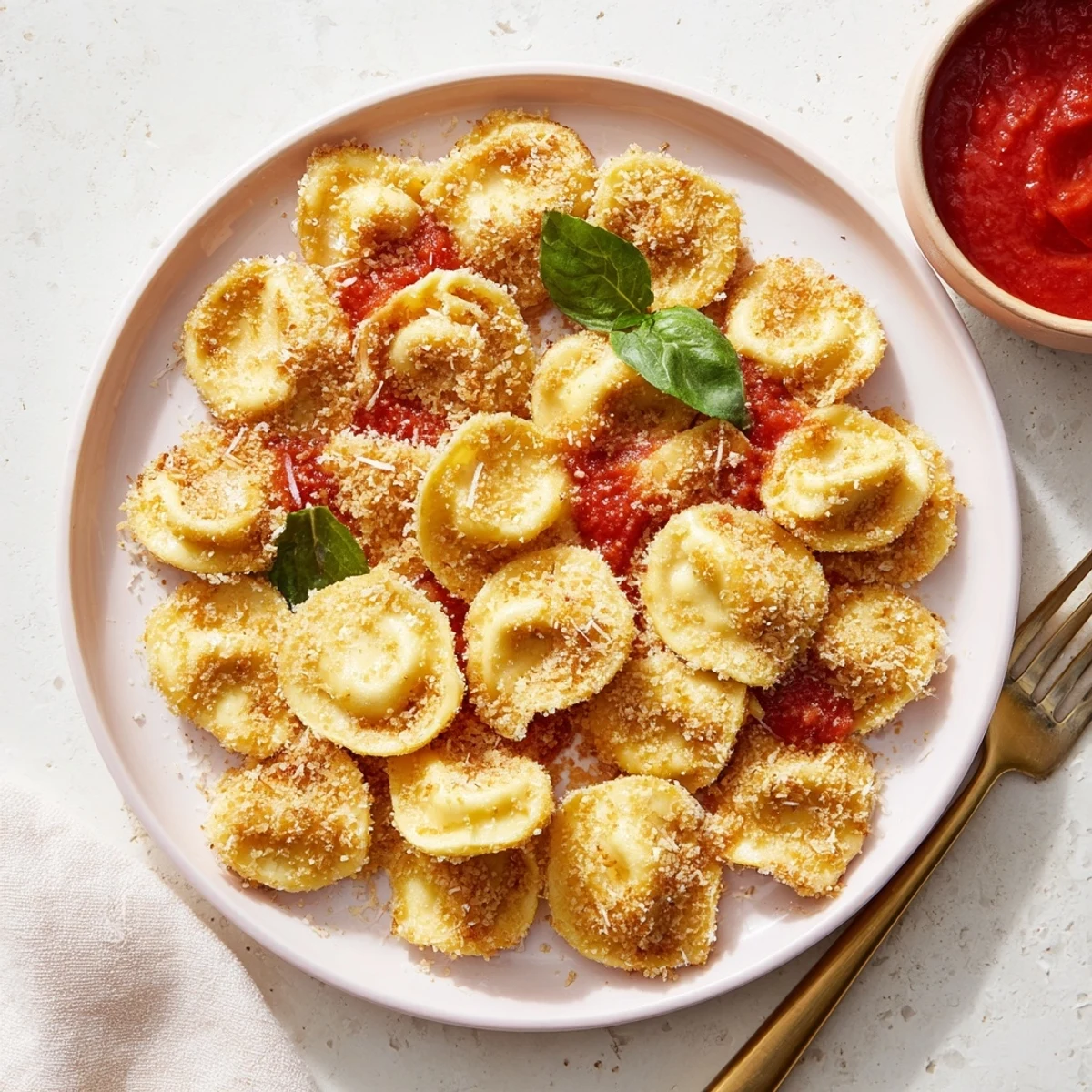 Bite-sized fried tortellini appetizer with parmesan cheese coating served alongside warm red marinara sauce