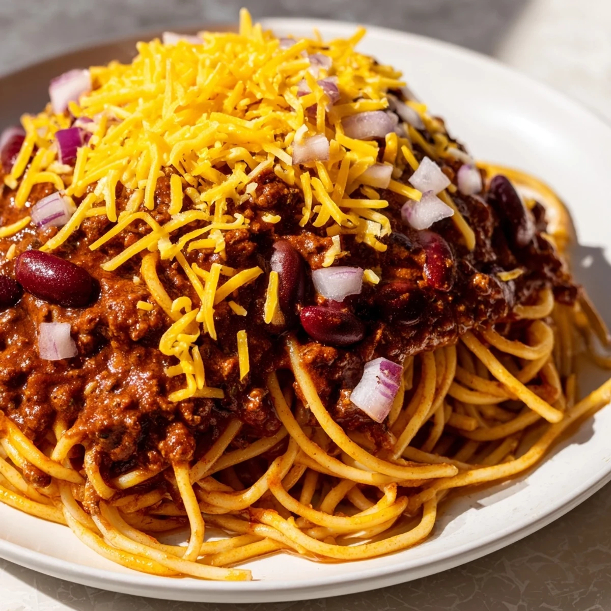 Hearty Cincinnati chili serving features meaty sauce over pasta topped with shredded cheese