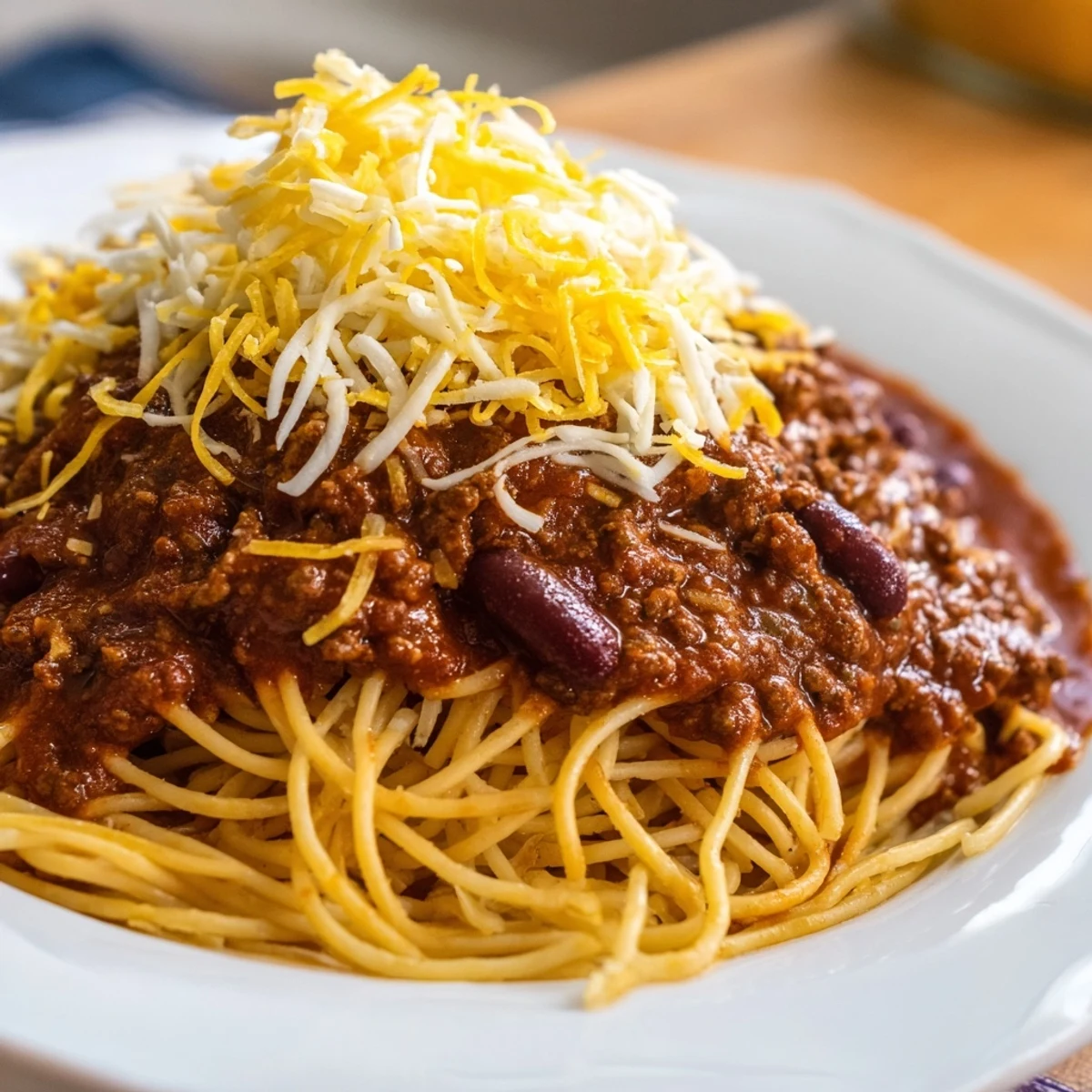 Bowl of spiced Cincinnati chili over spaghetti noodles generously sprinkled with yellow cheese