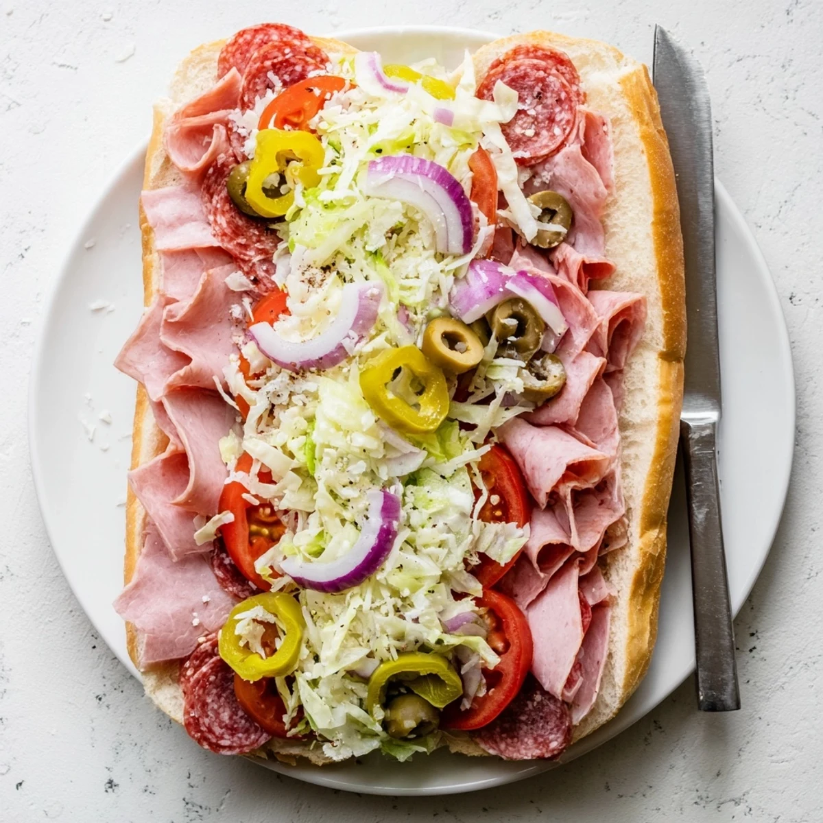 Golden Italian grinder salad sandwich piled high with deli meats, provolone, and tangy dressed lettuce on toasted hoagie roll