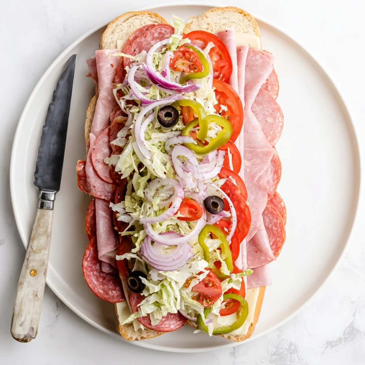 Cross-section of Italian grinder sandwich showing layers of salami, ham, mortadella, provolone cheese, and crunchy pepperoncini salad