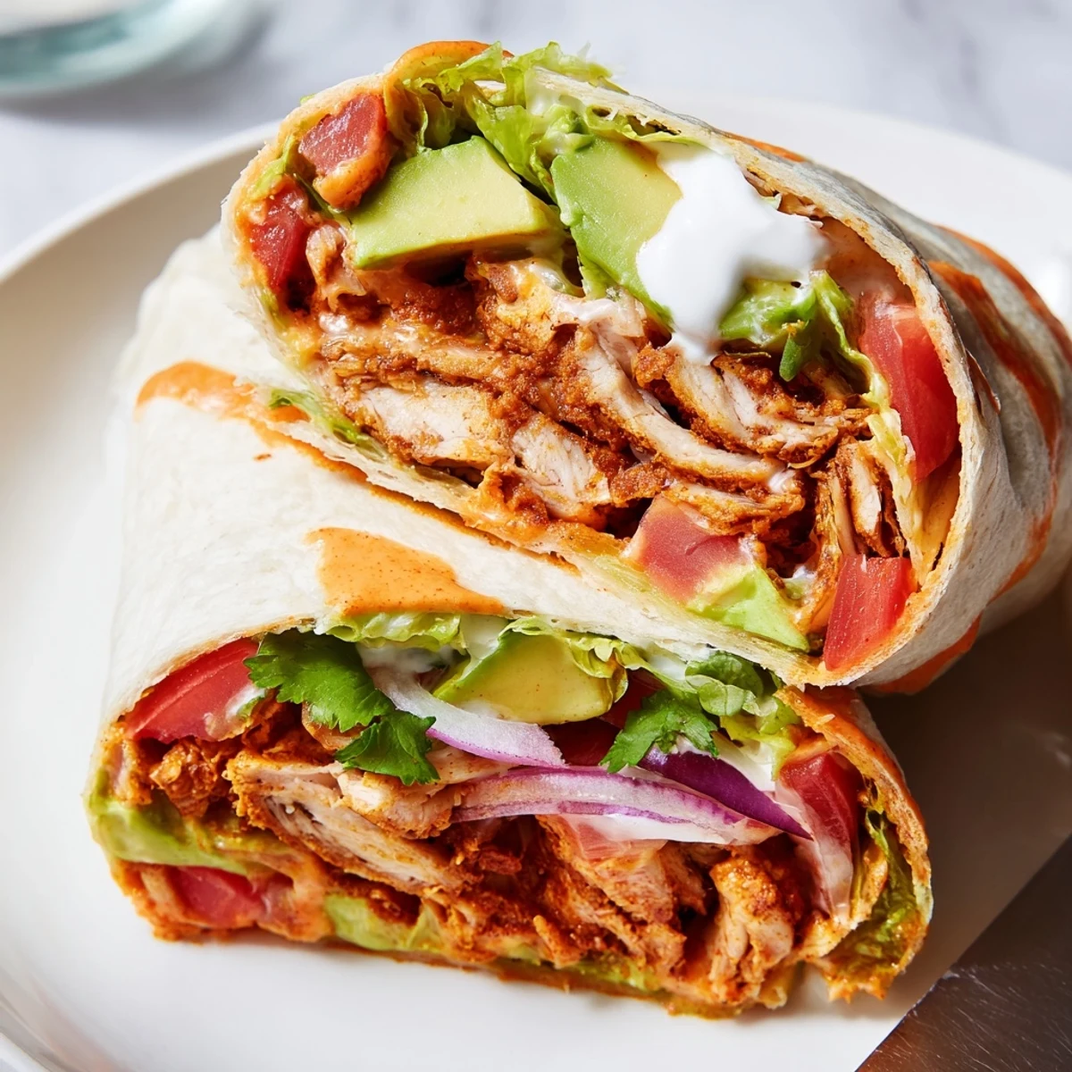 Spicy chicken avocado wraps rolled tightly with tender meat, creamy avocado, and crisp lettuce
