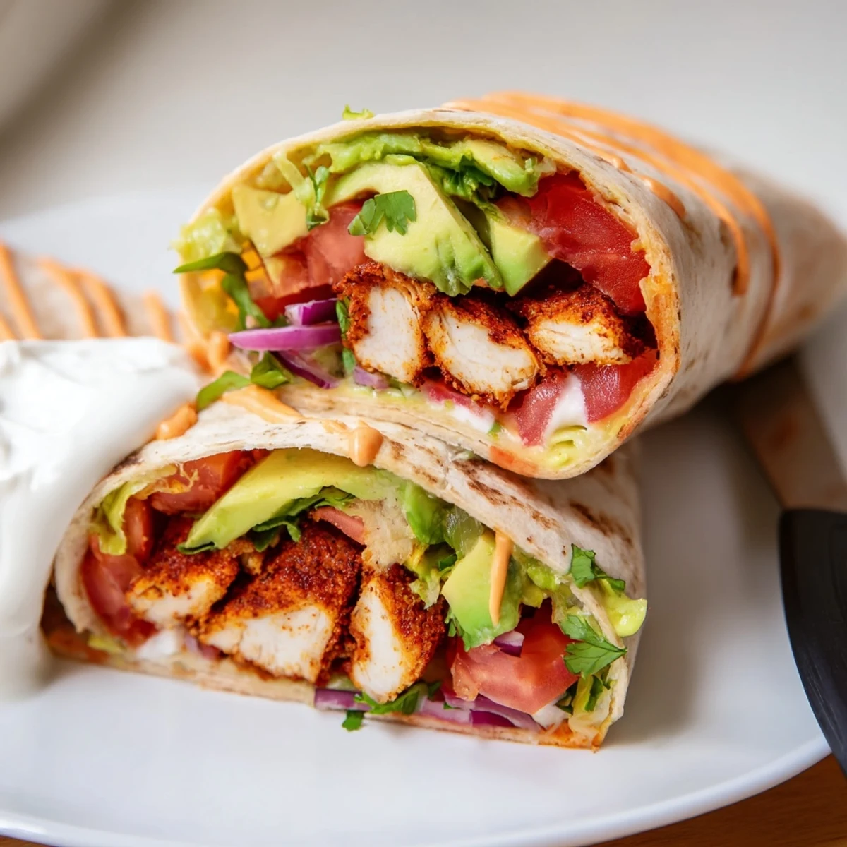 Homemade spicy chicken avocado wraps drizzled with hot sauce on a wooden serving board