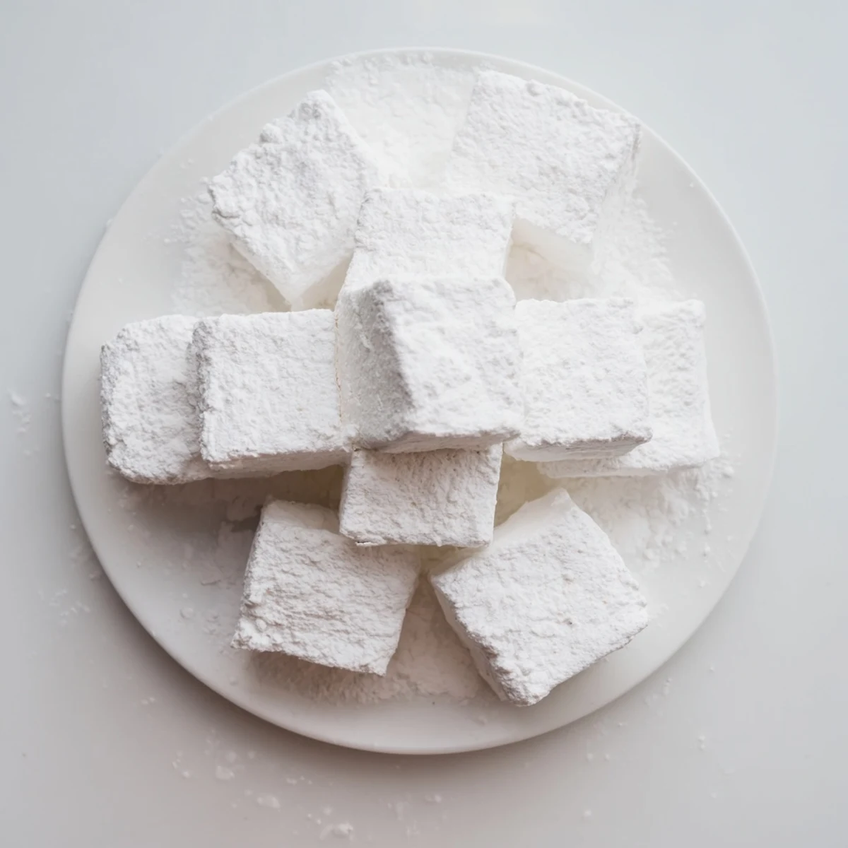 Soft pillowy homemade marshmallow recipe with white fluffy cubes dusted in powdered sugar
